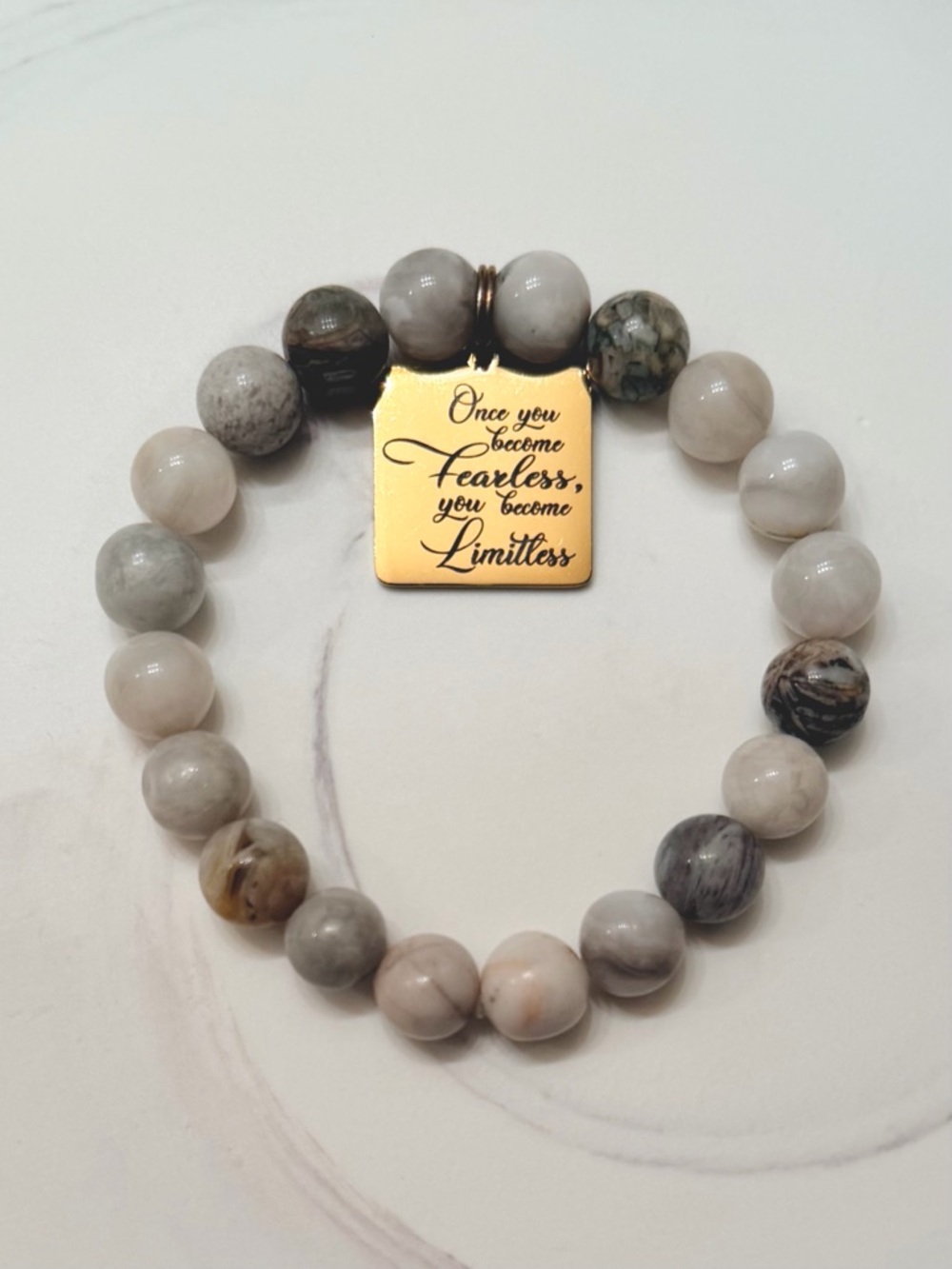 Natural Gray Gemstone Bead Stretch Bracelet with Inspirational Charm